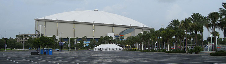 The slanted dome that defines Tropicana Field, as seen from its parking lot