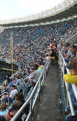 The narrow aisle of the Yankee Stadium upper deck