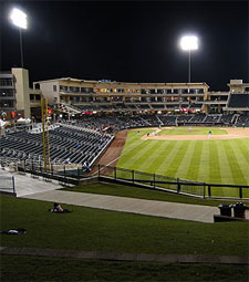 View of Isotopes Park grandstand from the right field berm