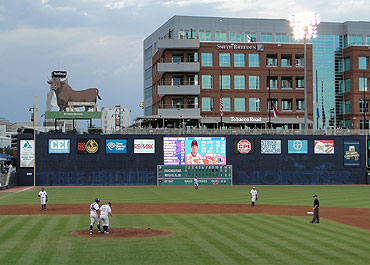 The Blue Monster wall and Snorting Bull are Durham ballpark landmarks