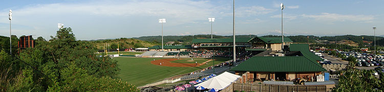 A panoramic view of Smokies Park from the hill above left field