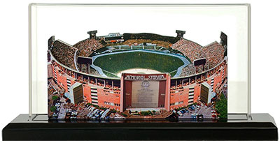 Memorial Stadium model in lighted display case