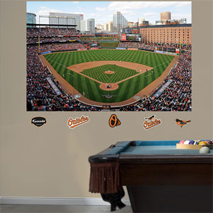 Orioles ballpark and logos displayed on wall