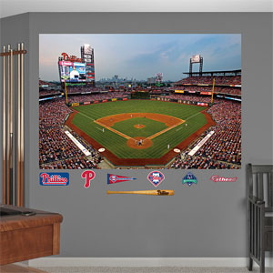 Phillies ballpark and logos displayed on wall
