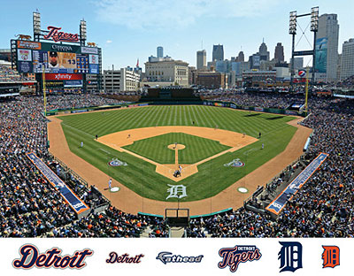 Comerica Park mural with Tigers logos