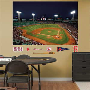 Red Sox ballpark and logos displayed on wall