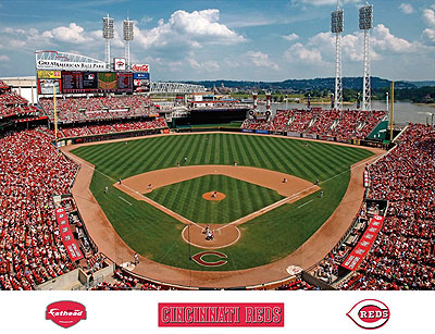 Great American Ball Park mural with Reds logos