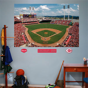 Reds ballpark and logos displayed on wall