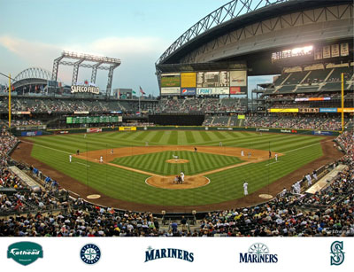 Safeco Field mural with Mariners logos