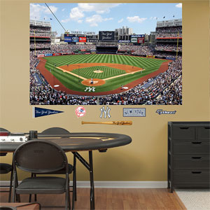 Yankees ballpark and logos displayed on wall