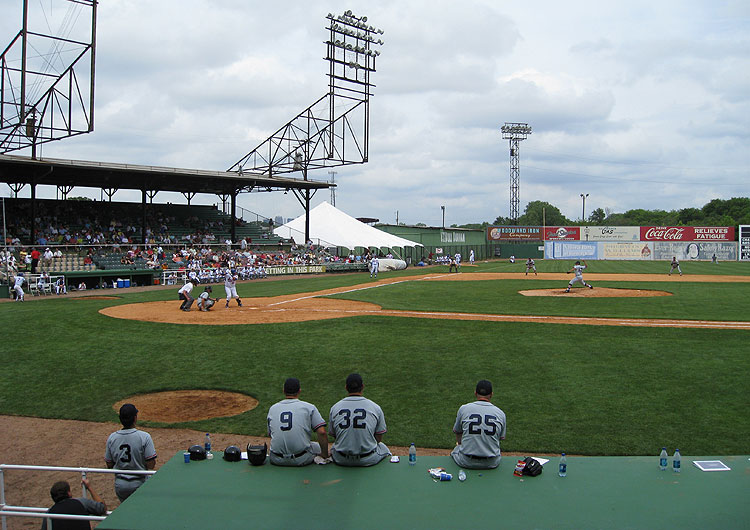 Barons players sitting on top of the dugout at the 2008 Rickwood Classic