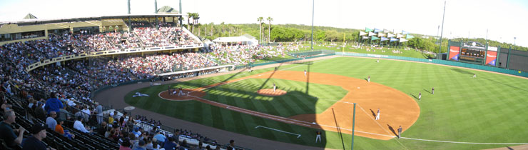 An upper deck, large berm and sponsored pennants are signature features of Champion Stadium