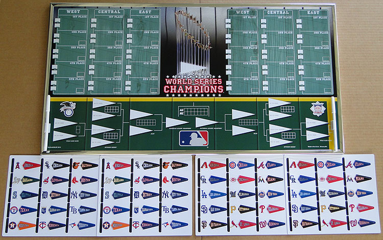 MLB division standings and postseason board with team pennant magnets