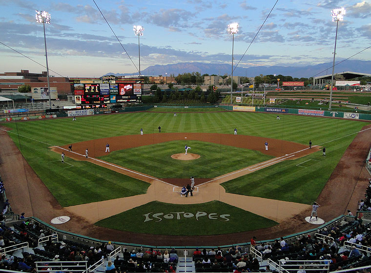 Albuquerque's Isotopes Park with Sandia Mountains backdrop