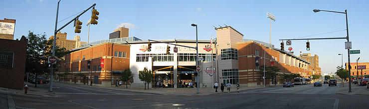 Fifth Third Field has a mostly brick exterior that enables it to blend in seamlessly with the buildings in Toledo's Warehouse District