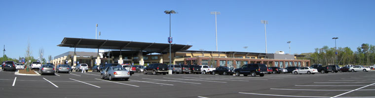 Gwinnett Stadium features a brick exterior and covered entry plaza