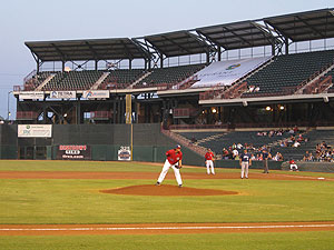 The expansive upper deck at Bricktown Ballpark wraps around the right field foul pole