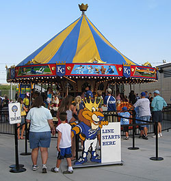 A carousel is one of many pay to play activities in the Outfield Experience at Kauffman Stadium