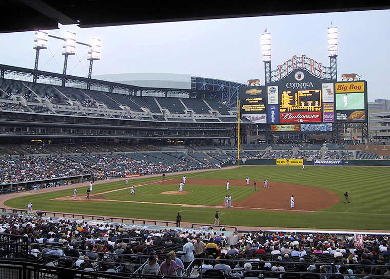 Detroit, MI - Oct 6 2019: Comerica Park is the home of Detroit Tigers  baseball team. Vertical close up of the main entrance signage. – Stock  Editorial Photo © jen.ishayoga #325222998