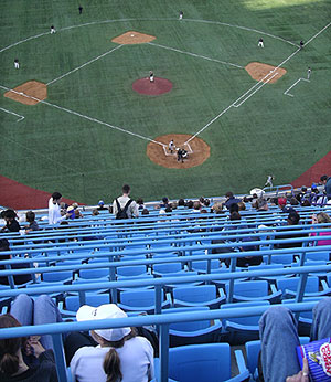 The blue railings in the upper deck at Rogers Centre