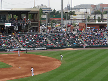 The party deck and a passing train at BB&T Ballpark