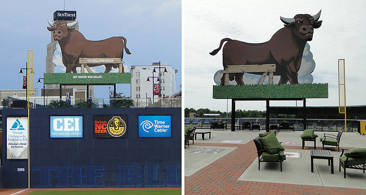 The double-sided bull at Durham Bulls Athletic Park