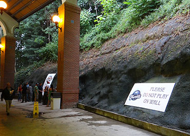 Rock walled third base concourse at McCormick Field