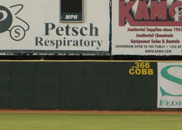 Ty Cobb's career batting average on the left field fence at Lake Olmstead Stadium