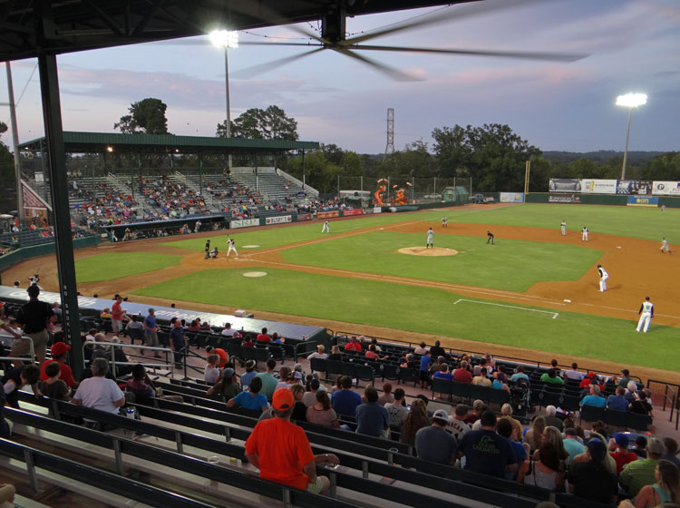 Lake Olmstead Stadium, as seen from within its first base grandstand