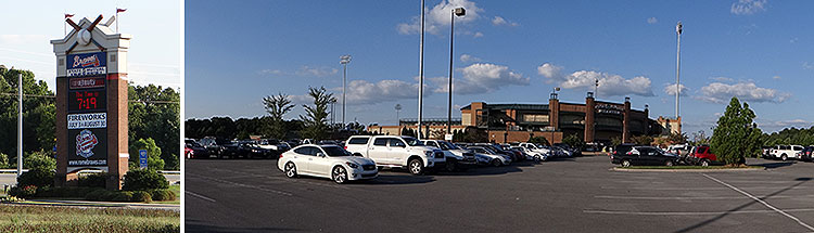 The marquee sign and parking lot at State Mutual Stadium