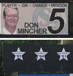 The Don Mincher banner is in right field and Huntsville's championship star markers are in left