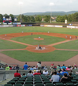 The peaks of the Monte Sano Mountain can be seen throughout Joe Davis Stadium's grandstand