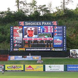 The Smokies Park scoreboard has a large high-definition video panel