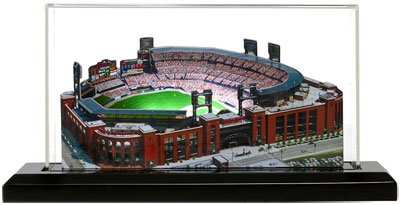 Busch Stadium model in lighted display case