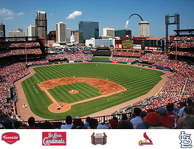 Busch Stadium mural with Cardinals logos