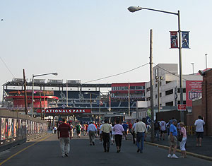 Fans walking on Half Street to Nationals Park from the Metro station