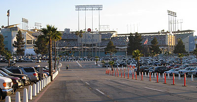 Parking lots and main entrance at Dodger Stadium