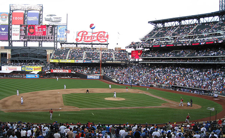 The most distinctive features of Citi Field's interior are seen here - the outfield bridge and Pepsi Porch