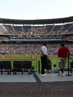 The press box facade says Welcome to Turner Field, Home of the Atlanta Braves