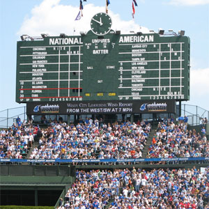 The hand-operated scoreboard at Wrigley Field