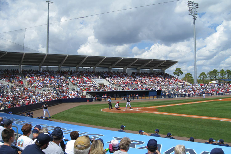 The grandstand is angular behind home plate