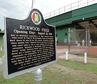 Rickwood historical marker outside of first base gate