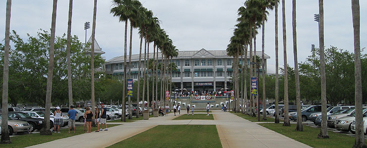 Palm tree lined paths lead the way to Hammond Stadium