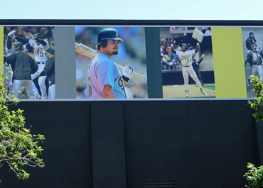 Murals of A's players and celebrations on Hohokam Stadium facade